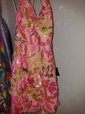 Lulu's Pink Sequin Floral Party Dress